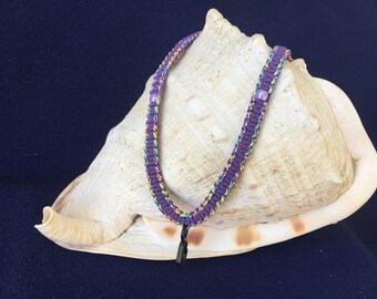 Free Shipping.  Purple and rainbow beaded thin paracord lanyard.  MRI-safe and non-ferrous