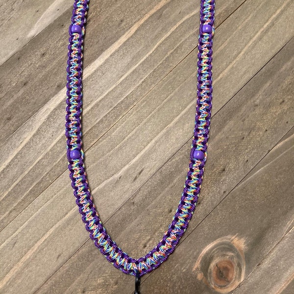 Free Shipping.   Rainbow and neon purple thin beaded cobra weave paracord  lanyard.  Non-ferrous.  MRI-safe.  Plastic clasp and clip