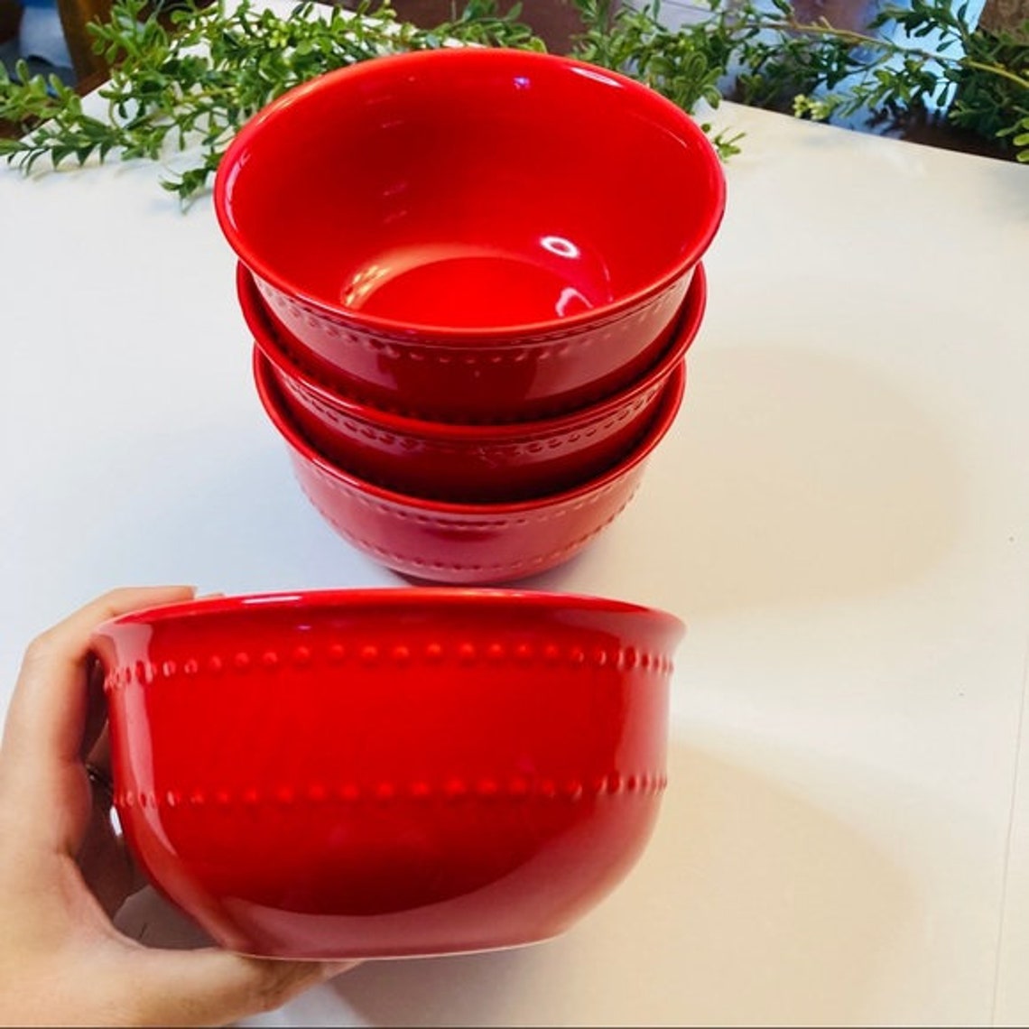 Set of 4 new red deep cereal bowls w dot detail Etsy