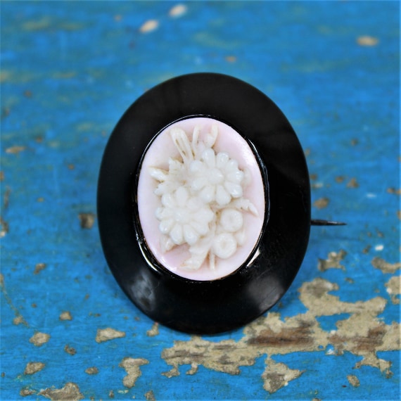 Victorian Angel Skin Coral & Jet Cameo Mourning P… - image 1