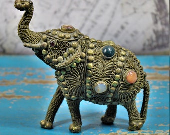 19th Century Asian Filigree Jeweled Bronze Elephant