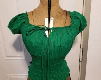 SALE - Bright Green Off-Shoulder Peasant Blouse - 100% Cambric Cotton