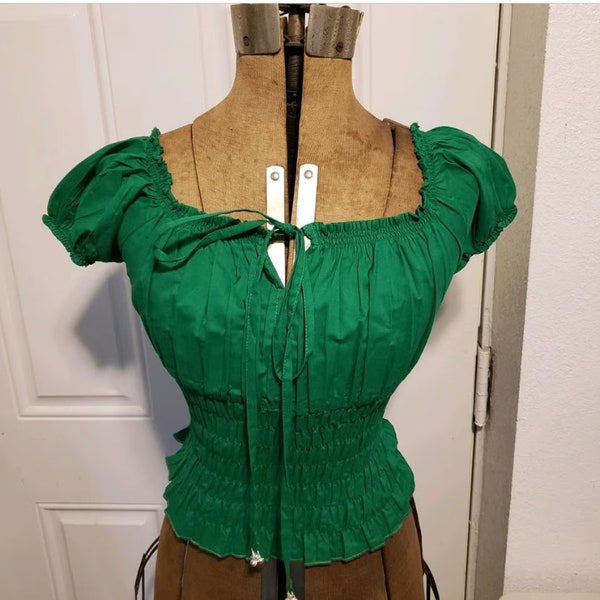 SALE - Bright Green Off-Shoulder Peasant Blouse - 100% Cambric Cotton