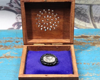 Jet Mourning Brooch With Hair/Engraved Silver Back