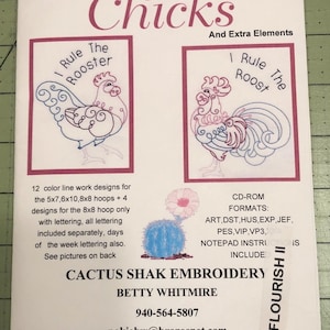 May include: A pink and blue embroidery design of a rooster with the text "I Rule The Rooster" and "I Rule The Roost". The design is for a 5x7, 6x10, or 8x8 embroidery hoop. The design is available in multiple formats, including ART, DST, HUS, EXP, JEF, PES, VIP, VP3, and Notepad instructions. The design is by Cactus Shak Embroidery, Betty Whitmire.