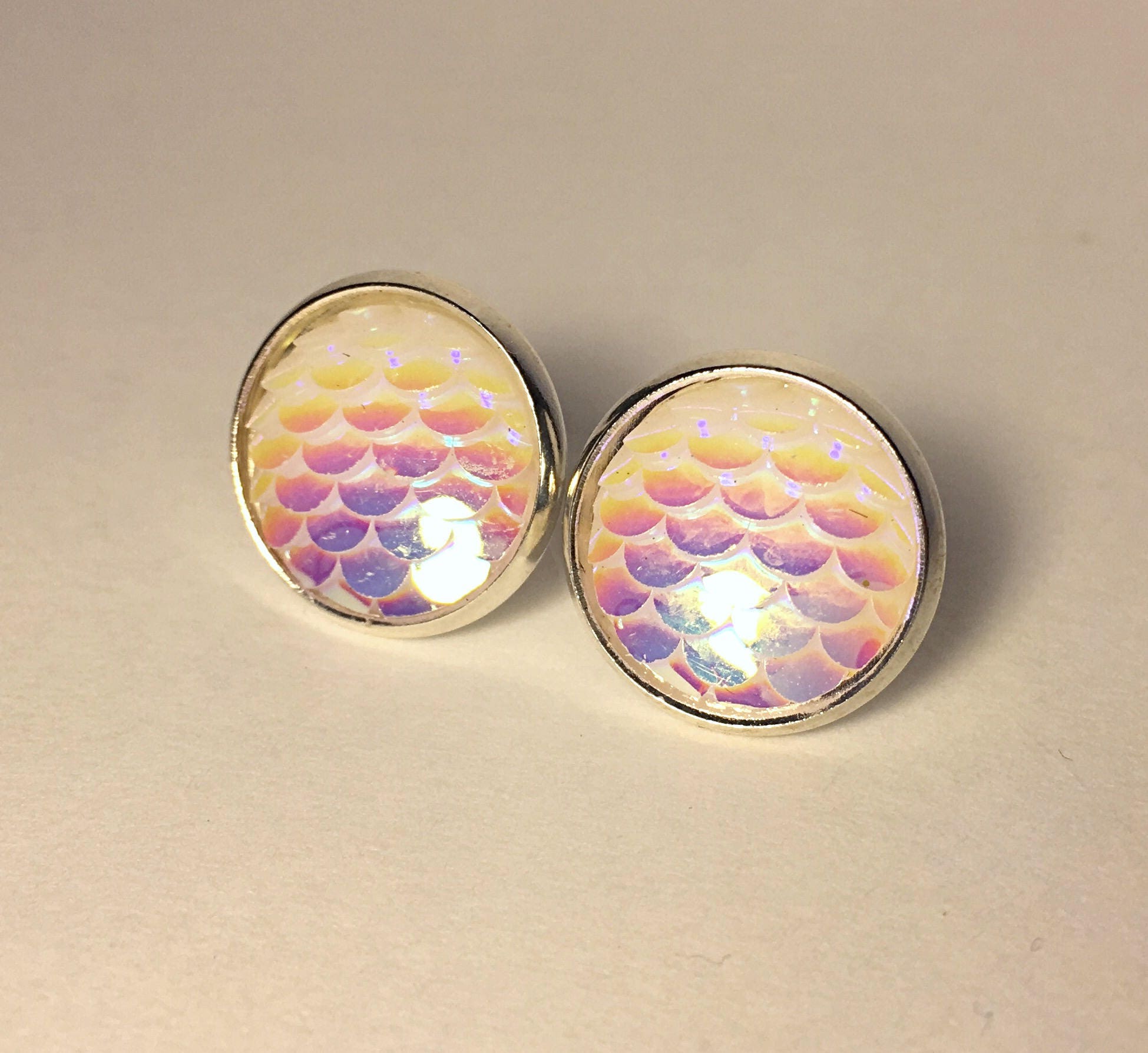 12 mm fish/mermaid scale earrings with silver settings Etsy Italia
