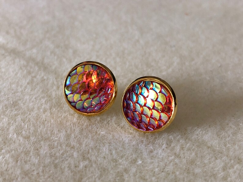 12 mm fish/mermaid scale earrings with gold settings image 1