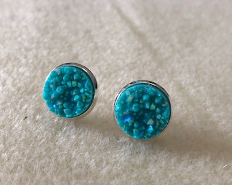 12mm blue  druzy earrings in silver settings