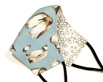 Cute Penguins Face Mask, Reusable, Fitted, 2 Layer, 100% Cotton, Machine Washable, Adjustable Elastic Ear Loops, face covering