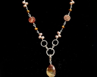 Sterling Silver Triple Ring Necklace with blush freshwater pearls, red jasper, and kabamby ocean jasper pendant with pearl