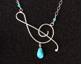 Treble Clef Necklace - Sterling Silver, Turqouise Faceted Pear Briolette, Long and Short Chain