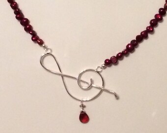 Cherry Pearl Treble Clef Necklace - Sterling Silver, Mozambique Garnet Faceted Heart Briolette, Cherry Pearls, Long and Short Chain