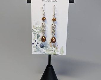 Sterling Silver Byzantine links with bronze freshwater pearls drop earrings