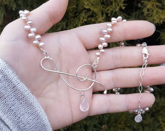 Dancing Pearls Treble Clef Necklace - Sterling Silver, Rose Quartz Pear Briolette and Nugget, Long and Short Chain