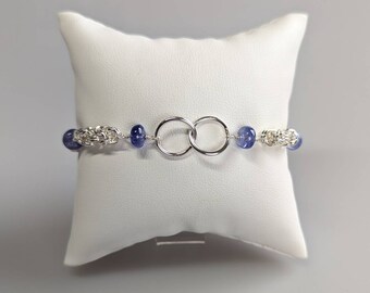 Double Ring Byzantine Link Bracelet - Sterling Silver, Smooth Tanzanite Rondelles