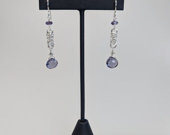 Sterling Silver Byzantine link earrings with facetted rondelle amethyst stones and heart briolette amethyst stone drops