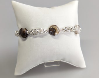 Byzantine Link Bracelet - Sterling Silver 19 gauge jump rings, 10mm flat round brioche agate stones