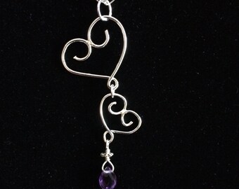 Sterling Silver Falling Double Hearts with Purple Amethyst Pendant