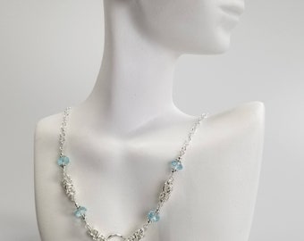 Sterling Silver Hammered Ring Necklace with Byzantine links, Swiss Blue Topaz stones and drop pendant