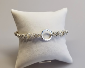 Sterling Silver Hammered Ring Bracelet with byzantine links