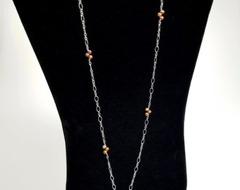 Lariet Necklaces - Sterling Silver Long and Short Chain paired with White Freshwater Pearls, Bronze Freshwater Pearls or Raw Cut Aquamarine
