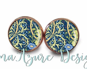 Seaweed - William Morris Print Earrings - Art Nouveau Studs - Nature Glass Domes - Botanical Prints - Rose Gold & Multiple Finishes
