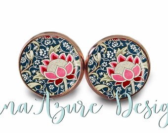 Cray - William Morris Print Earrings - Art Nouveau Studs - Nature Glass Domes - Botanical Prints - Rose Gold & Multiple Finishes