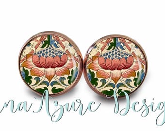 Lodden - William Morris Print Earrings - Art Nouveau Studs - Nature Glass Domes - Botanical Prints - Rose Gold & Multiple Finishes
