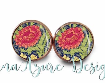 Chrysanthemum - William Morris Print Earrings - Art Nouveau Studs - Nature Glass Domes - Botanical Prints - Rose Gold & Multiple Finishes