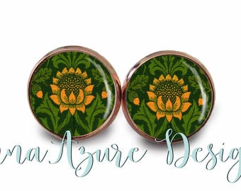 Violet and Columbine - William Morris Print Earrings - Art Nouveau Studs - Nature Glass Domes - Botanical Prints - Multiple Finishes
