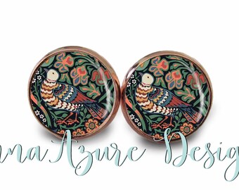 Dove and Rose - Botanical Earring - William Morris Prints - Art Nouveau Studs - Nature Glass Domes - Rose Gold & Multiple Finishes