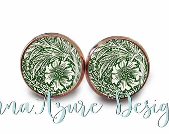 Marigold - William Morris Print Earrings - Art Nouveau Studs - Nature Glass Domes - Botanical Prints - Rose Gold & Multiple Finishes