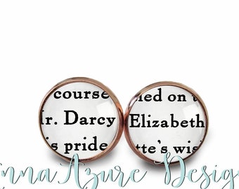 Book Earrings- Pride and Prejudice Jewelry- Jane Austen Gifts- Mr. Darcy and Elizabeth- Rose Gold Stud Earrings Bullet Backs- Bookish Gifts