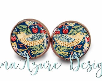 Strawberry Thief - Botanical Earring - William Morris Prints - Art Nouveau Studs - Nature Glass Domes - Rose Gold & Multiple Finishes
