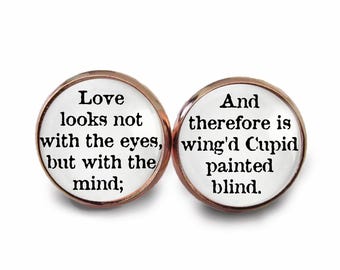 Shakespeare's Blind Cupid Book Earrings | Handmade Book Earrings: "Love Looks Not With The Eyes" Quote | A Midsummer Night's Dream