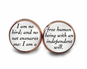 Jane Eyre Studs "I Am No Bird" Mismatched Literary Earrings - Book Jewelry - Independent Will - Victorian Quote - Feminist Gift