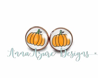 Pumpkin Earrings- Autumn Earrings- Fall Earrings- Glass Dome Pumpkin Earrings- Choose Rose Gold, Stainless Steel, Antique Bronze, Gunmetal