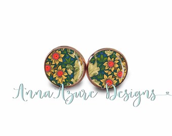 Orchard - William Morris Print Earrings - Art Nouveau Studs - Nature Glass Domes - Botanical Prints - Rose Gold & Multiple Finishes