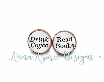 Book Earrings- Drink Coffee Read Books Jewelry- Rose Gold Stud Earrings Bullet Backs- Bookish Gifts- Gifts for Book Lovers Book Lover Addict