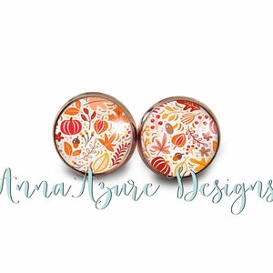 Fall Harvest Pumpkin Earrings- Autumn Stud Earrings- Fall Earrings- Glass Dome- Rose Gold, Stainless Steel, Antique Bronze, Gunmetal
