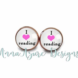 Book Earrings- Rose Gold Stud Earrings- I love reading earrings- 14mm Cabochon Bezel Earrings with Bullet Backs- Bookish Gifts- Bronze Steel