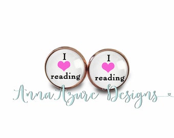 Book Earrings- Rose Gold Stud Earrings- I love reading earrings- 14mm Cabochon Bezel Earrings with Bullet Backs- Bookish Gifts- Bronze Steel