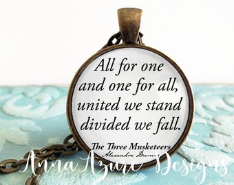 Book Necklace- Friends Necklace- Gifts for Friends- Long Distance- All for one and one for all- Inspirational Necklace- The Three Musketeers