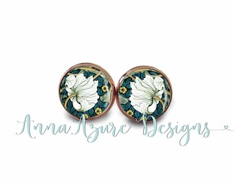 Pimpernel - William Morris Print Earrings - Art Nouveau Studs - Nature Glass Domes - Botanical Prints - Rose Gold & Multiple Finishes
