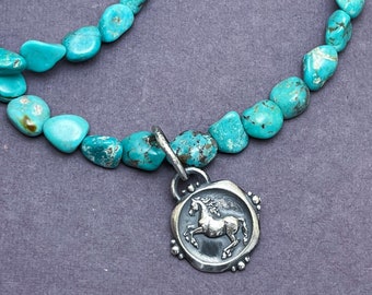 Chunky Turquoise Necklace with Sterling Silver Jumping Horse Charm Southwest Style   - Handmade by Tavernays
