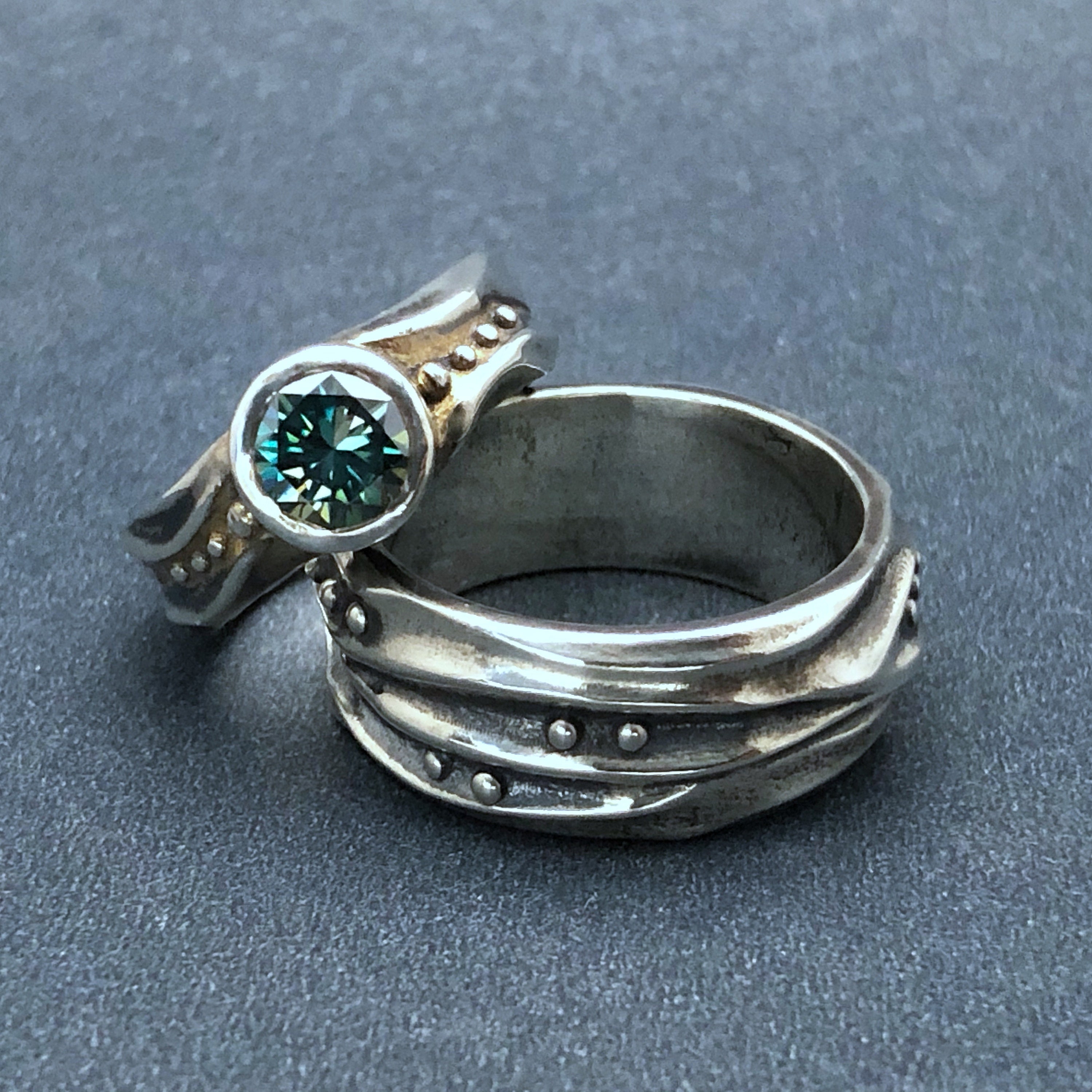 Ocean inspired twist style Sterling silver aquamarine engagement and wedding  ring set