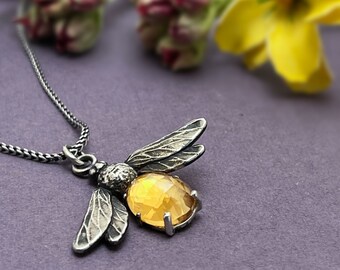Sterling Silver Citrine Bee, Insects, Honey, Genuine Rose Cut Citrine - Tavernays