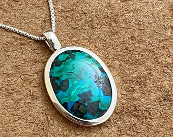 Large Oval Malachite in Chrysocolla Set in Sterling Silver Southwest Style Pendant and Chain  - Handmade by Tavernays