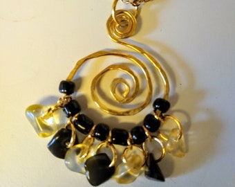 Citrine and Black Obsidian with Glass Beaded Hammered Pendant on Gold Plated Chain