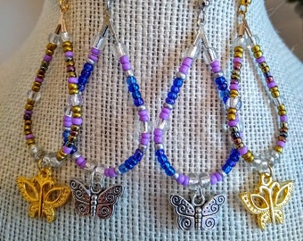 Glass Seed Bead Teardrop Hoop Earrings with either Gold Plated or Silver Butterfly Charms
